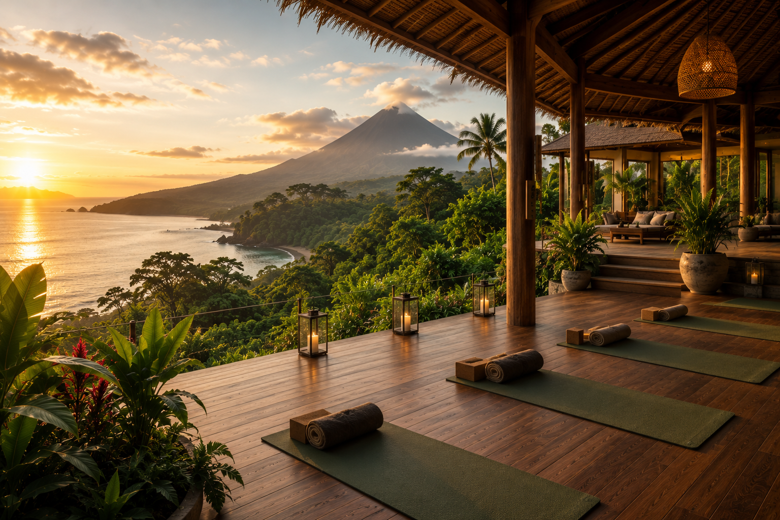 A tropical pavilion at sunset with wooden yoga mats laid out on a hardwood deck, overlooking the ocean and a distant volcano.